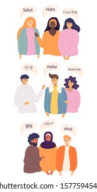 Friendly men and women from different countries saying hi. Flat vector style illustration. Vector illustration