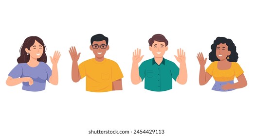 Friendly men and women saying hello and waving with hand. Hi or bye gesture. Happy people greeting and welcoming smb. Colored flat vector illustration isolated on white background