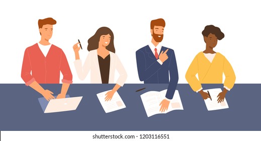 Friendly men and women sitting at table, holding CV and asking questions during job interview. Smiling HR, hiring or recruitment specialists. Colorful vector illustration in flat cartoon style.