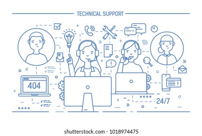 Friendly men and women wearing headphones with mics sitting at computers and answering questions. 24 hour call center, technical support service. Monochrome vector illustration in lineart style.