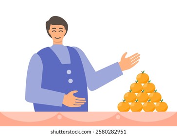 Friendly merchant offering oranges at traditional market