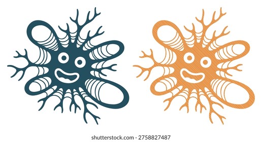 Friendly microbe mascot, biological microorganism, cute science art, bacterial lifeform.