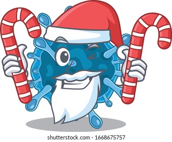 Amigable corona microscópica en el personaje de Santa Cartoon con caramelos