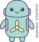 A friendly mint green robot sticker featuring a yellow propeller and kawaii facial expression. Isolated vector illustration perfect for kids apps, toys, and educational decor.
