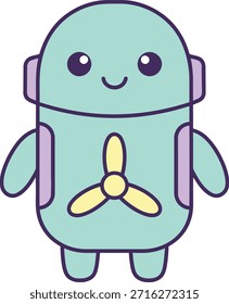 A friendly mint green robot sticker featuring a yellow propeller and kawaii facial expression. Isolated vector illustration perfect for kids apps, toys, and educational decor.
