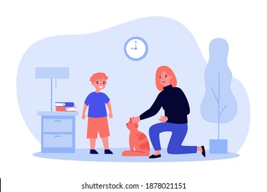 Friendly mom petting cat while talking to little son. Mother, kid and pet at home flat vector illustration. Domestic animals, parenthood, family concept for banner, website design or landing web page