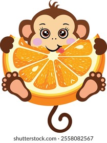 Friendly monkey eating orange slice
