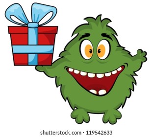 Friendly monster holding a gift box
