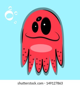 friendly monster red jellyfish, bubbles and blue background.