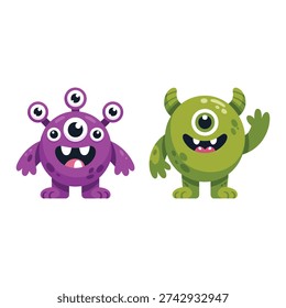 Friendly monsters duo vector with purple cyclops and green creature, Halloween party poster, kids sticker pack, spooky classroom graphics
