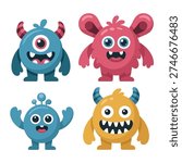 Friendly monsters with one eye friend, pink bear ear creature, cheerful blue blob and yellow horned pal, characters for invitations