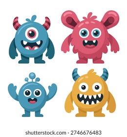 Friendly monsters with one eye friend, pink bear ear creature, cheerful blue blob and yellow horned pal, characters for invitations