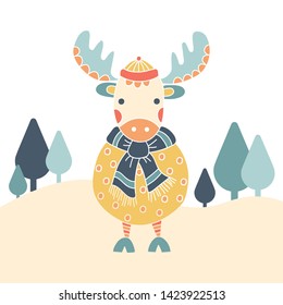 Friendly moose with a scarf and hat in the snow - vector illustration