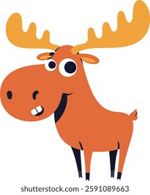 A friendly moose with vibrant orange fur and big antlers smiles playfully, adding a whimsical touch to the scene.