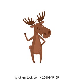 Friendly moose waving paw. Forest animal with large branched horns. Cartoon character of Eurasian elk. Flat vector design