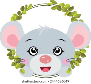 Ratón amigable asomándose fuera del marco de hojas redondas