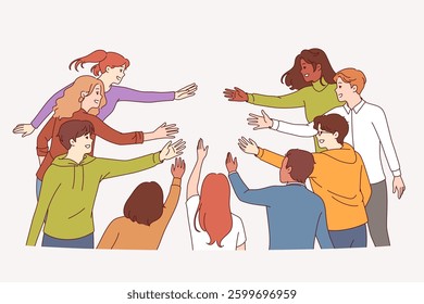 Friendly multicultural people reach out to each other, demonstrating unity and readiness to create single community. Multicultural men and women uniting and demonstrating lidarity or cooperation