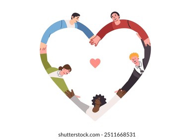 Gente multinacional amistosa se toma de la mano formando forma de corazón y demuestra compromiso con el amor y la sinergia. No hay discriminación por motivos raciales o nacionales, hacemos felices a niños y niñas