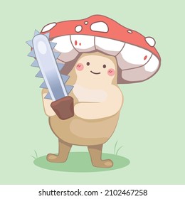 Friendly mushroom holding a chainsaw