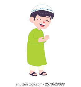 Friendly Muslim boy in green traditional attire, smiling warmly with a gesture of talking during Ramadan