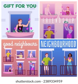 Friendly neighborhood posters set, flat vector illustration. Happy people greeting each other on balconies and in windows. People living in city apartment building.