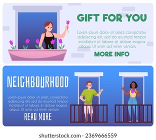 Pancartas web de barrio amigable, ilustración vectorial plana. La gente se saluda desde balcones y ventanas. Personaje feliz viviendo en un edificio de departamentos. Mujer cultivando tulipanes.