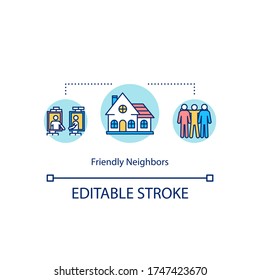 Friendly neighbors concept icon. Good relationship in suburbs. County living. Neighbourhood community idea thin line illustration. Vector isolated outline RGB color drawing. Editable stroke