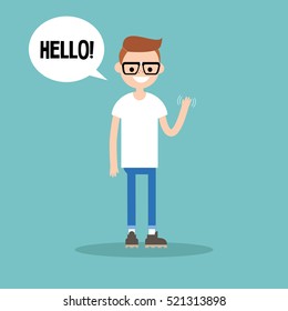 Friendly nerd saying "Hello" and waving hand / editable vector clip art illustration