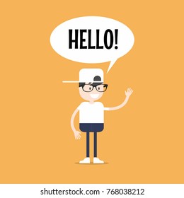 Friendly nerd saying "Hello" and waving hand. vector
