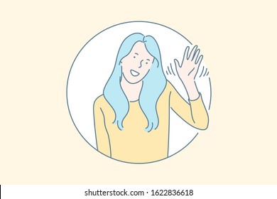 Friendly nonverbal greeting gesture concept. Cheerful, smiling, cute young girl waving hand, saying hi, hello, goodbuy, meeting people, welcoming, salutation symbol. Simple flat vector