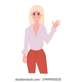 El concepto amistoso de gesto de saludo no verbal. Alegre, sonriente, linda niña rubia saludando, hola, buena compra, conocer gente, acogedor, símbolo de saludo. Vector plano de dibujos animados