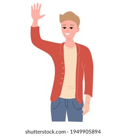 Friendly nonverbal greeting gesture concept. Cheerful, smiling, cute young blond guy waving hand, saying hi, hello, goodbuy, meeting people, welcoming, salutation symbol. Cartoon flat vector