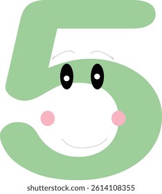 Friendly Number Five Character – Green Vector Illustration for Kids. A friendly pastel green number five with expressive eyes and gentle smile. Ideal for classroom posters, learning material