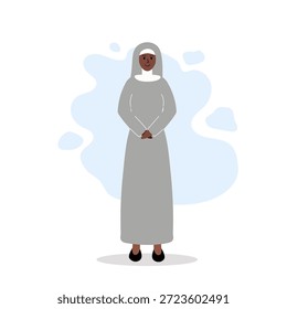 Monja amable. Monja con túnica gris con los brazos doblados. Monja en ilustración de estilo plano. Mujer negra en uniforme gris