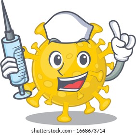 Friendly nurse of corona virus diagnosis mascot design holding syringe
