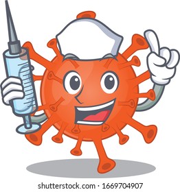 Friendly nurse of deadly corona virus mascot design holding syringe