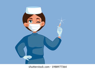 Friendly Nurse Holding a Syringe Ready for Vaccination. Medical worker wearing personal protective equipment ready to administrate anti-viral vaccine
