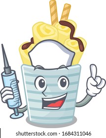 Friendly nurse of ice cream banana rolls mascot design holding syringe