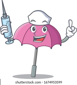 Friendly nurse of pink umbrella mascot design holding syringe