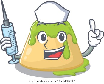 Friendly nurse of pudding green tea mascot design holding syringe