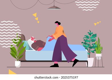 friendly nurse or volunteer supporting elderly man patient lying in bed home care services healthcare concept horizontal full length vector illustration