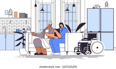 friendly nurse or volunteer supporting elderly woman home care services healthcare and social support concept