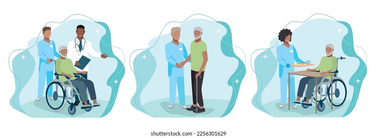 Friendly nurses caring for an elderly man, a set of vector illustrations isolated on a white background. Thank you doctors and nurses.