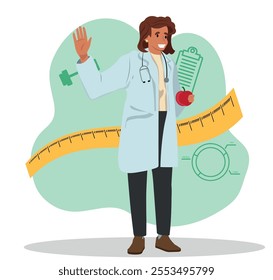 friendly nutritionist waving her hand, healthy eating, vector illustration.