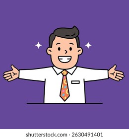 Friendly office worker presenting something with enthusiasm on a yellow background.