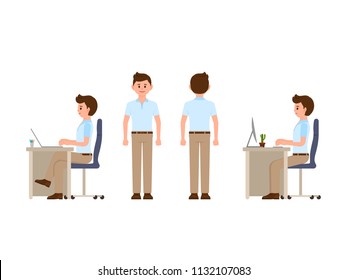 Friendly office worker sitting at the desk, standing. Manager in smart casual look