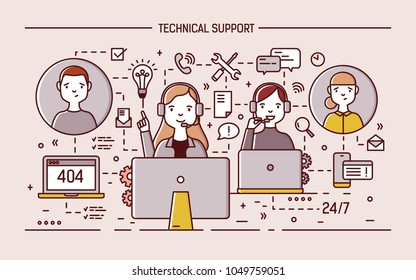 Friendly online specialists wearing headphones with microphones sit at computer monitors and answer clients calls. 24 hour technical support service. Colorful vector illustration in line art style