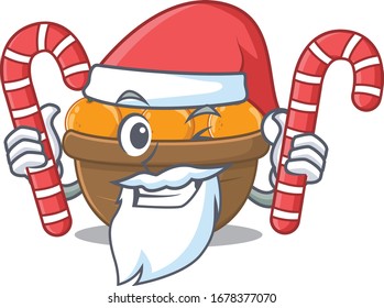 Freundlicher orangefarbener Obstkorb in Santa Cartoon-Charakter mit Bonbons