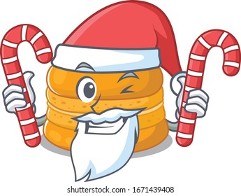Friendly orange macaron in Santa Cartoon character having candies