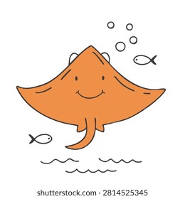 A friendly orange stingray character with a smiling face swimming underwater surrounded by small fish and bubbles